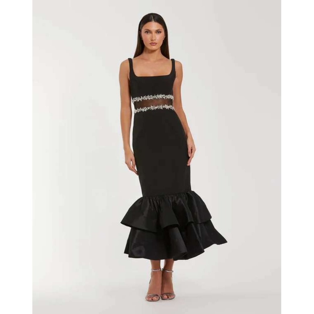 NWT Mac Duggal Black‎ Crepe Ruffle Hem Midi Dress With Jewel Detail - Size 8 - Picture 4 of 14
